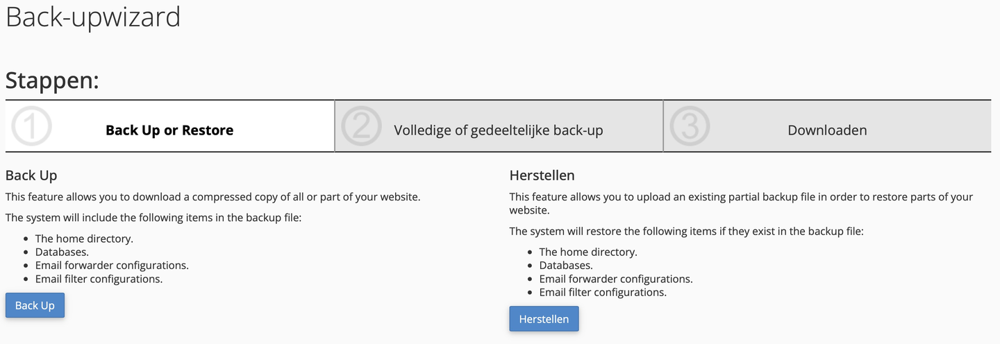 Startscherm van Backup Wizard in cPanel met de keuzes voor het maken van een back-up en herstellen.