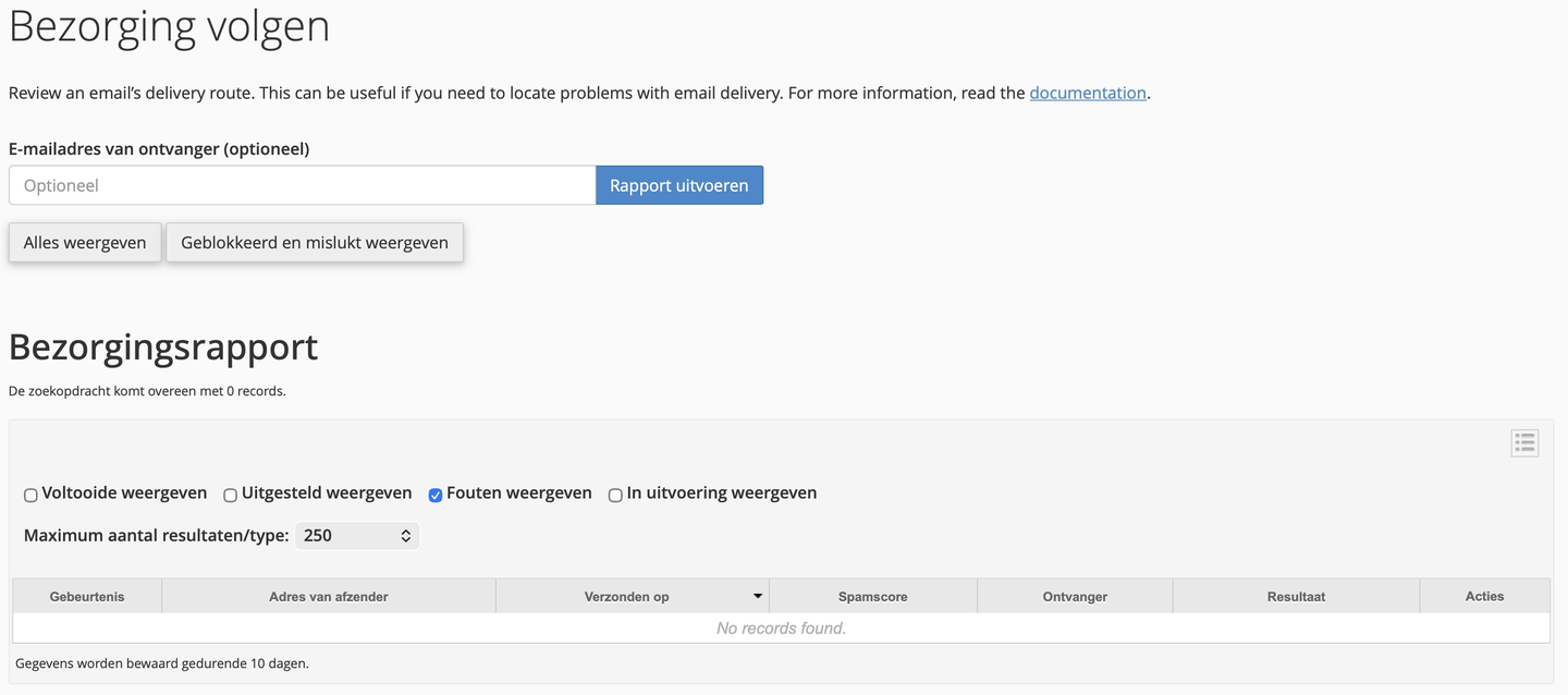 Track Delivery in cPanel met het zoekveld voor de ontvanger, rapportfilters en een leeg bezorgoverzicht.