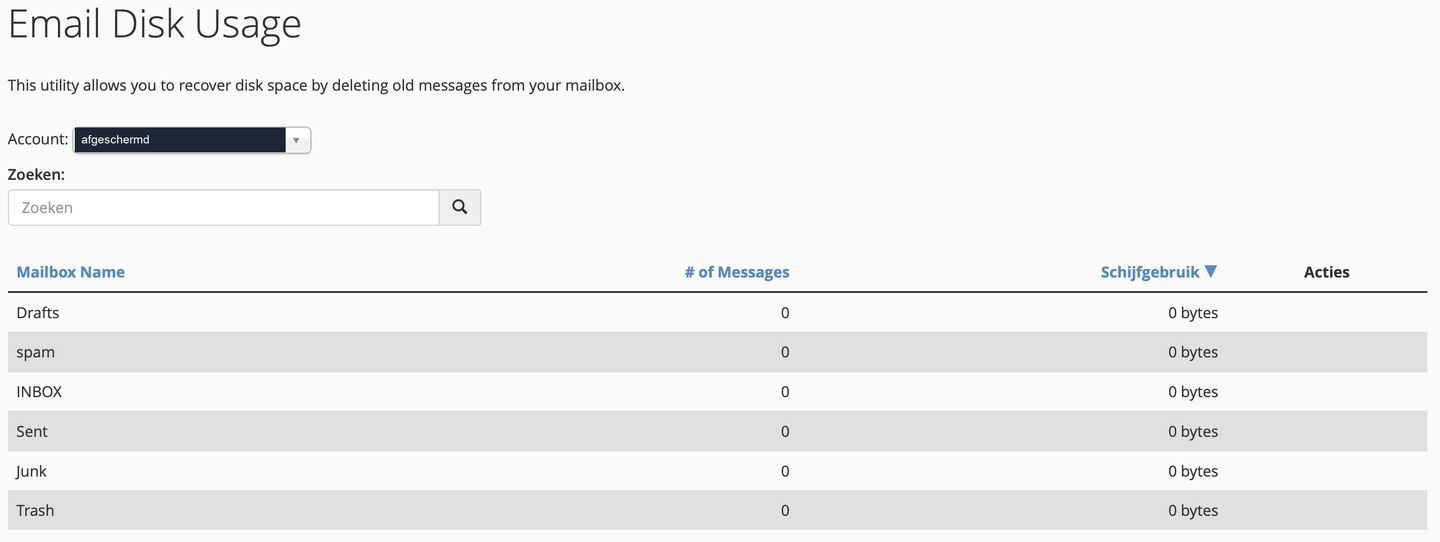Email Disk Usage in cPanel met de accountkeuze en het overzicht van mappen, aantallen berichten en opslaggebruik voor een lege testmailbox.
