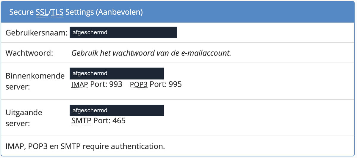 Beveiligde SSL/TLS-instellingen in cPanel voor een mailprogramma, met gebruikersnaam, inkomende en uitgaande server en poorten.