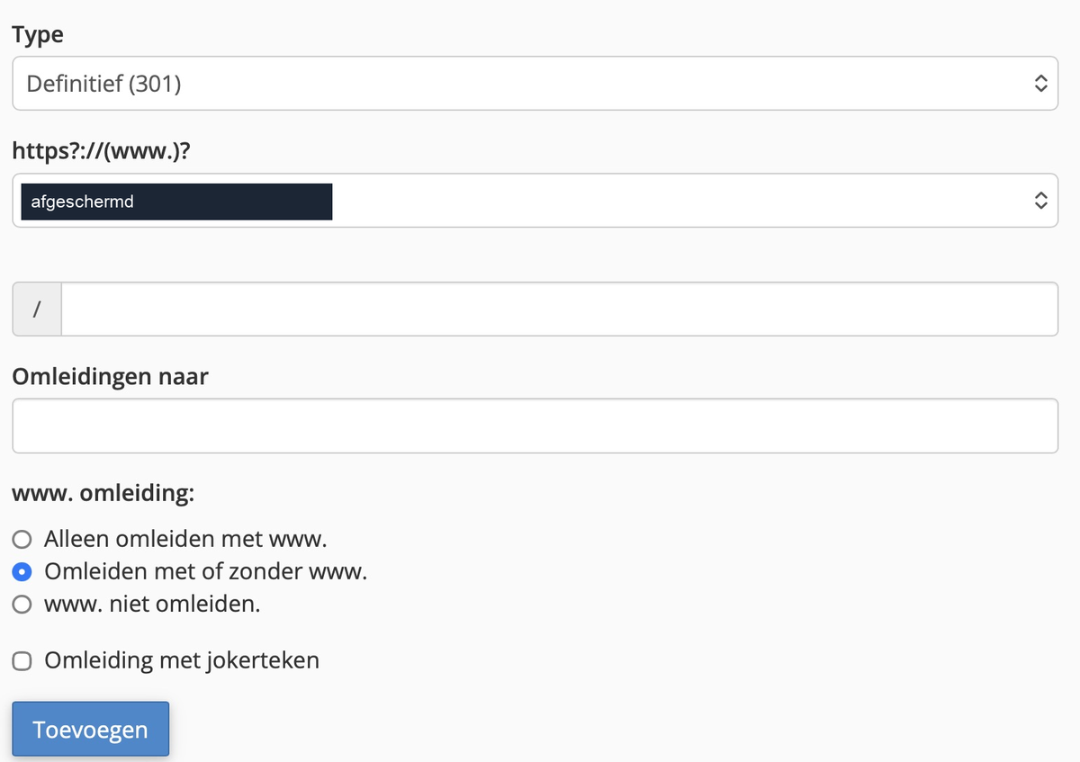 cPanel-formulier voor een website-doorverwijzing met het type, brondomein, pad, doel-URL en de opties voor www en wildcard.