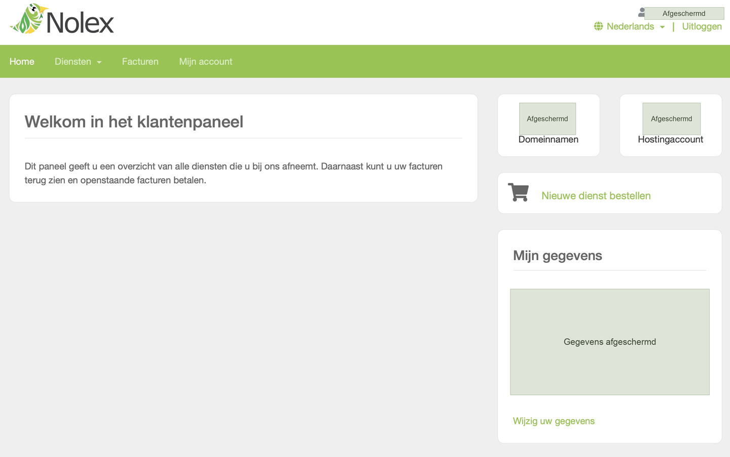 Home van Mijn Nolex met de hoofdnavigatie, overzichten voor domeinnamen en hosting en het blok Mijn gegevens.