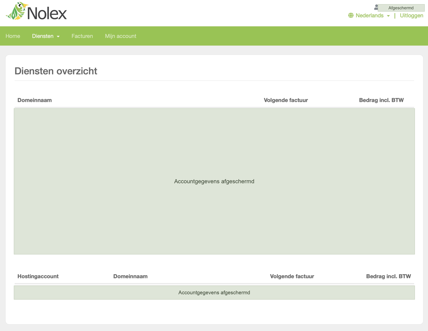 Dienstenoverzicht van Mijn Nolex met tabellen voor domeinnamen en hostingaccounts en de kolommen voor de volgende factuur en het bedrag inclusief btw.