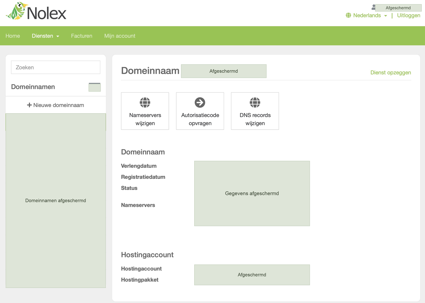 Domeinpagina van Mijn Nolex met de domeinlijst, registratie- en verlenggegevens, nameservers en beschikbare beheeropties.