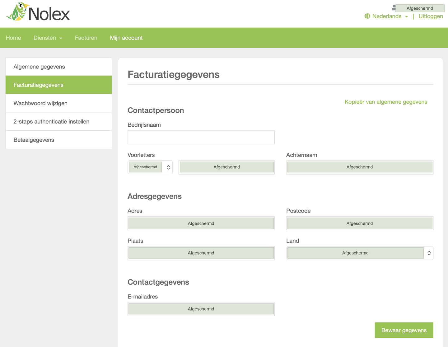Formulier voor afwijkende facturatiegegevens in Mijn Nolex met Contactpersoon, Adresgegevens, Contactgegevens en Bewaar gegevens.