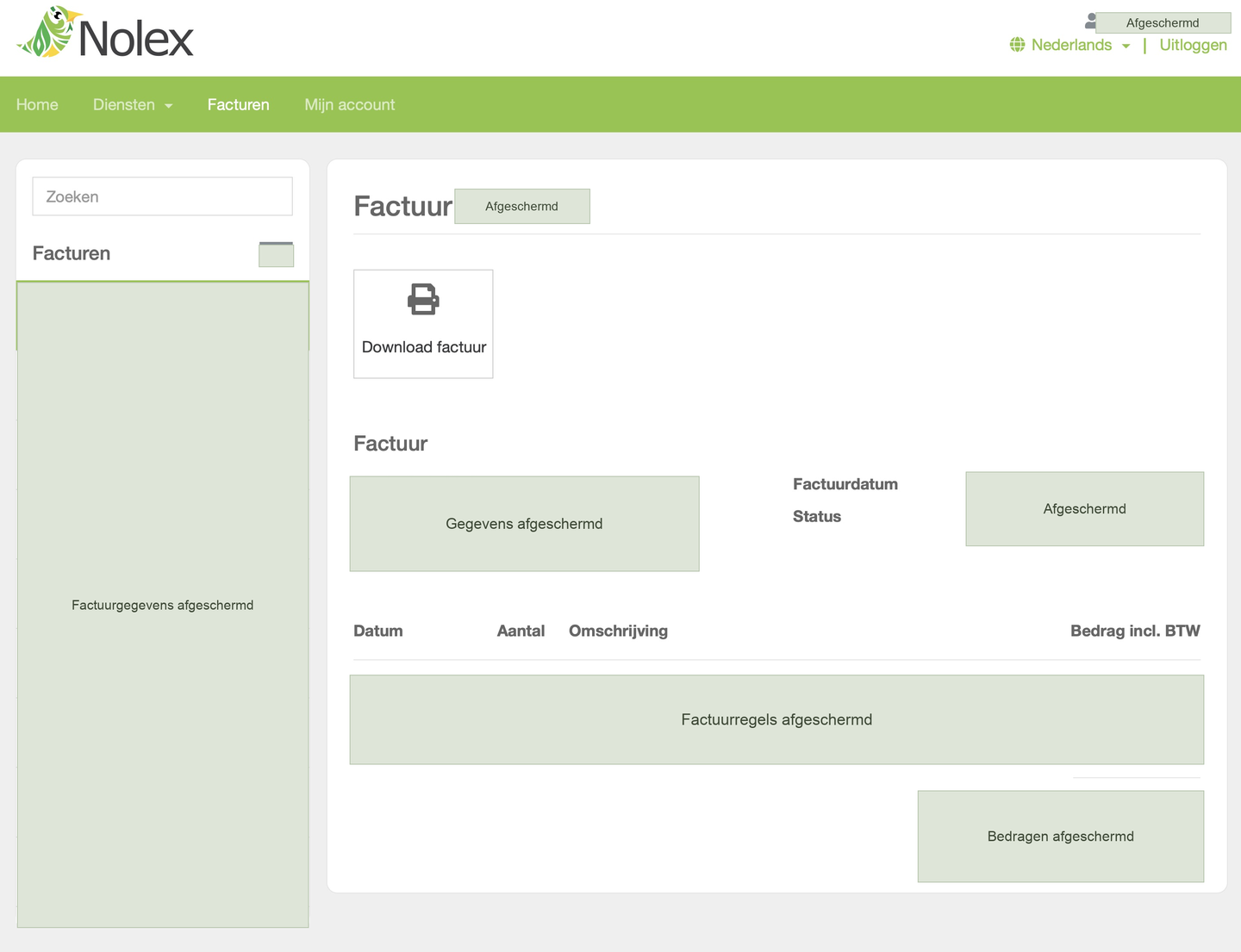 Facturenpagina van Mijn Nolex met de factuurlijst en zoekfunctie links en de geselecteerde factuur met Download factuur rechts.