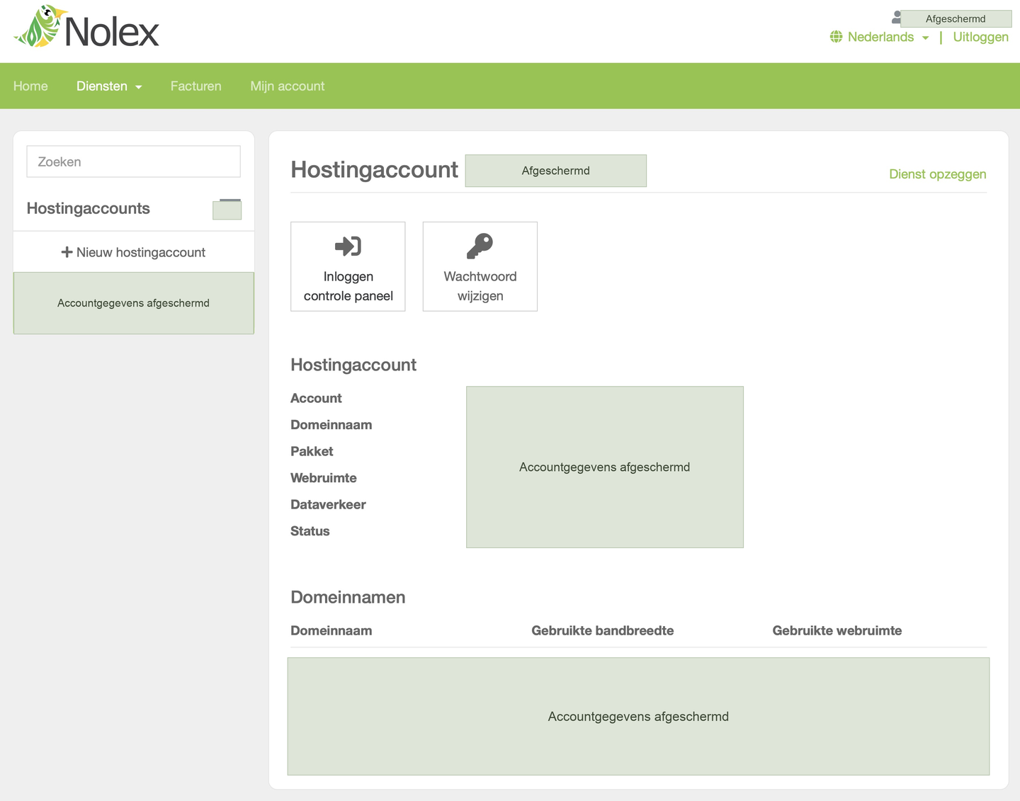 Hostingaccountpagina van Mijn Nolex met de account- en pakketvelden, gekoppelde domeinen en de knop Inloggen controle paneel.
