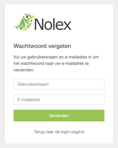 Formulier voor wachtwoordherstel in Mijn Nolex met Gebruikersnaam, E-mailadres en de knop Verzenden.